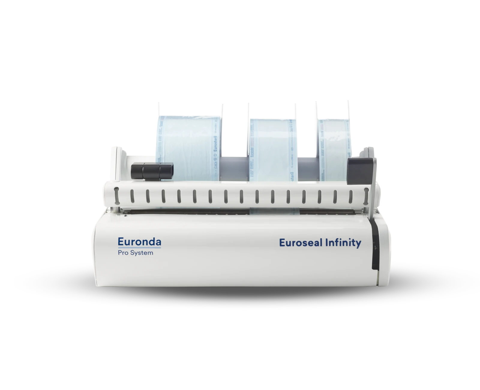 Frontansicht Balkensiegelgerät Euroseal Infinity bestückt mit drei Rollen Sterilisationsfolie
