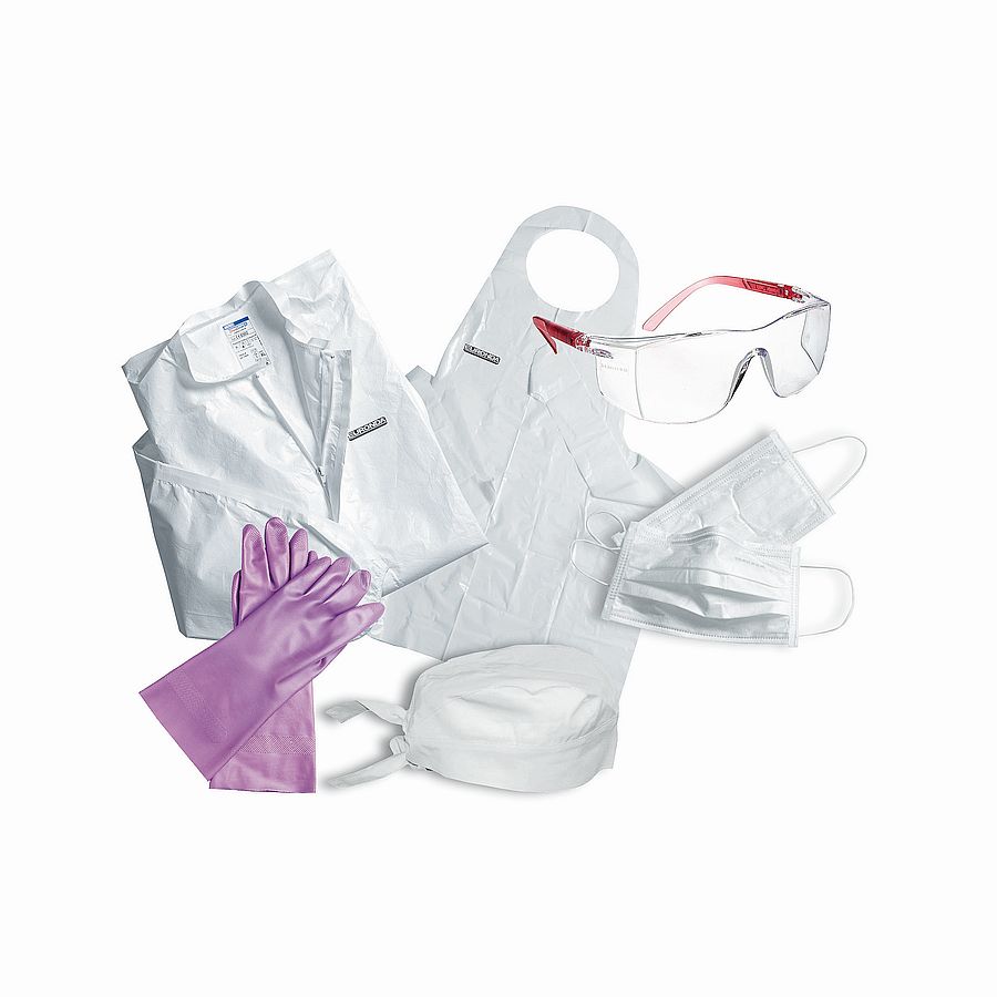 Monoart-Set Schutzkleidung bestehend aus: Kittel, Schürze, Mundschutz, Bandana jeweils in weiß sowie Schutzhandschuhe lila und transparente Schutzbrille